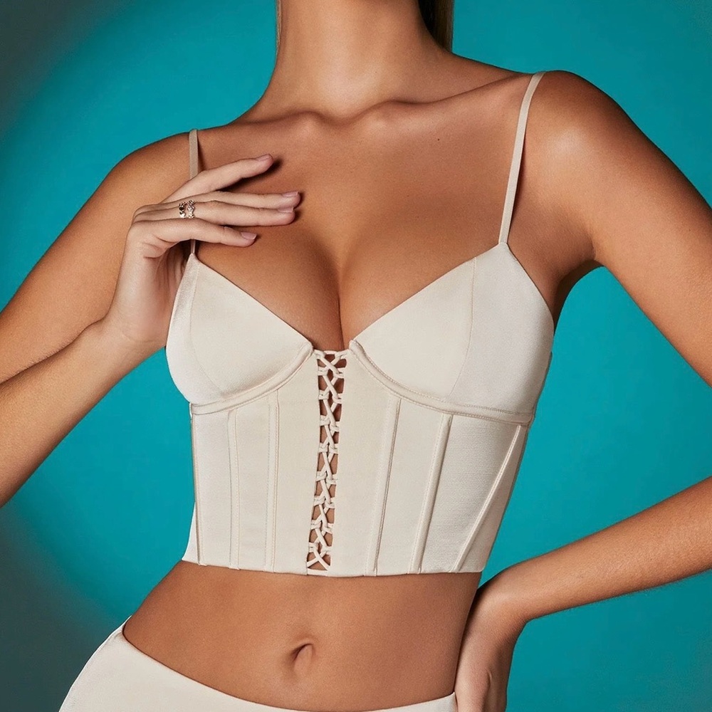 Oh Polly Hera Lace Up Front Corset Crop Top in Ivory